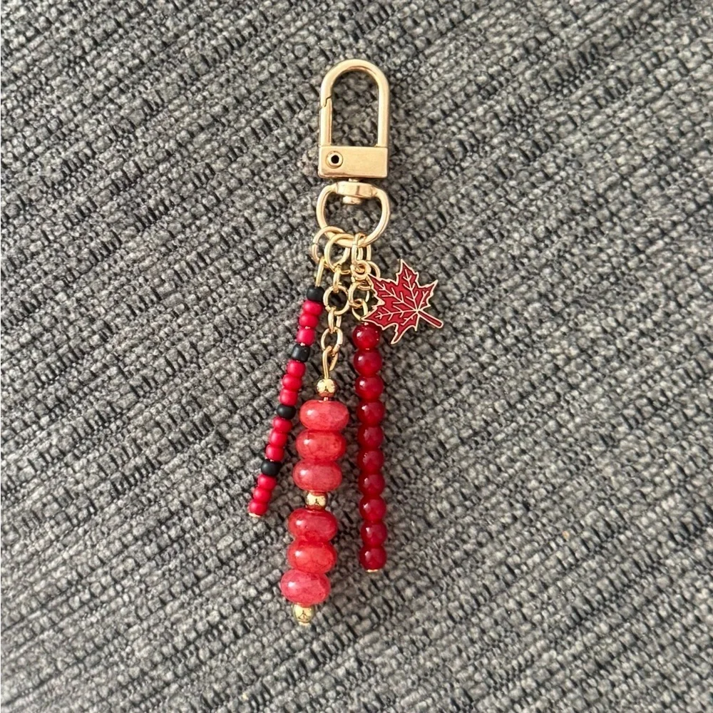 Red Canada Maple Leaf Handmade Beaded Bag Charm Keychain